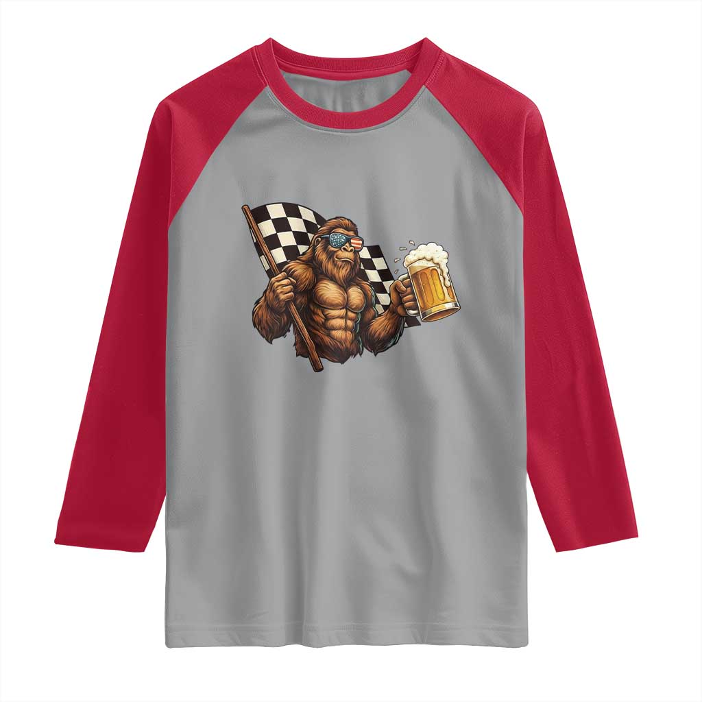 Funny Bigfoot Raglan Shirt Sasquatch Drinking Beer Racing Car - Wonder Print Shop