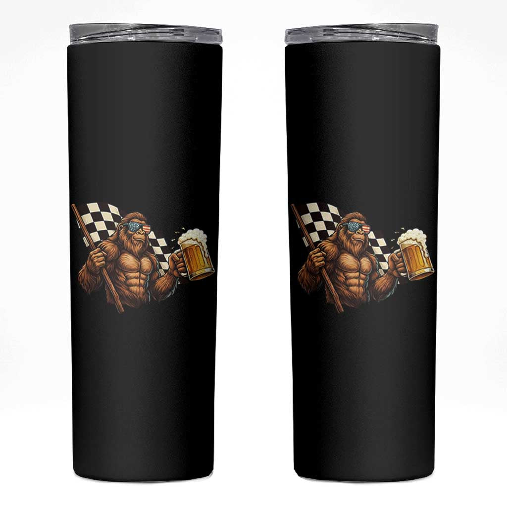 Funny Bigfoot Skinny Tumbler Sasquatch Drinking Beer Racing Car