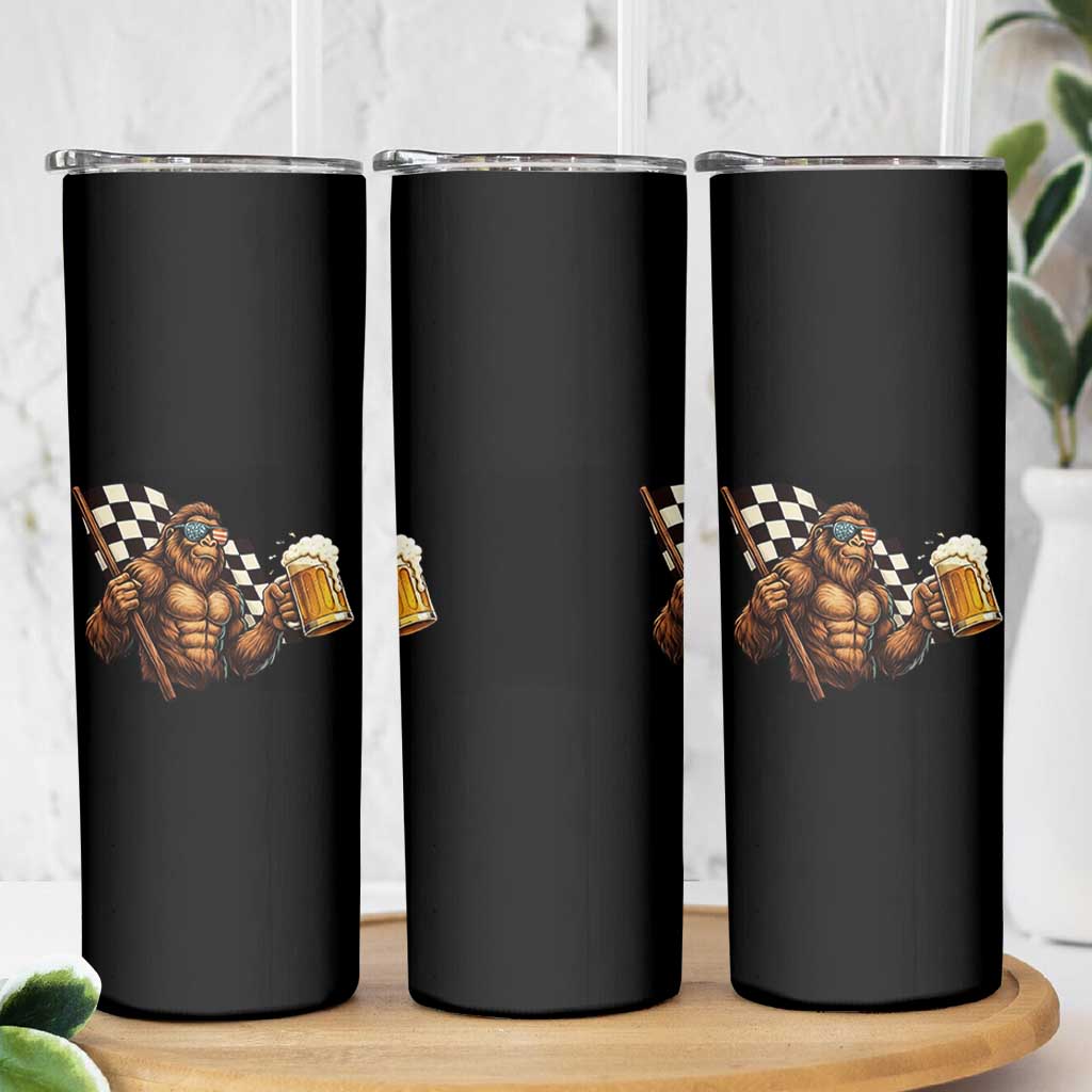 Funny Bigfoot Skinny Tumbler Sasquatch Drinking Beer Racing Car