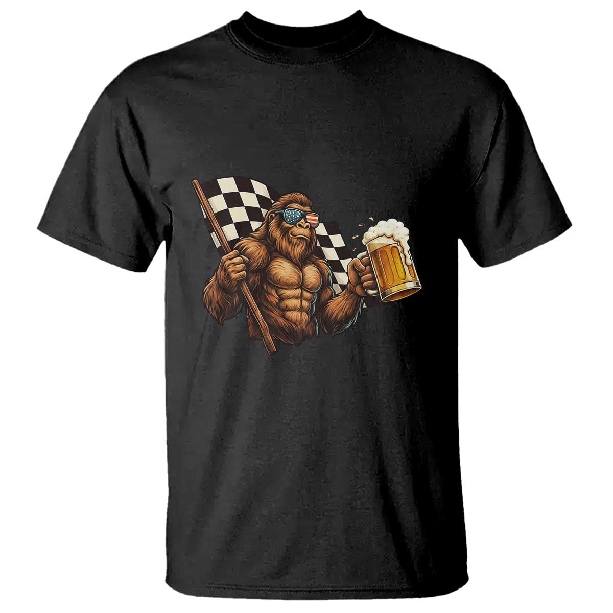 Funny Bigfoot T Shirt Sasquatch Drinking Beer Racing Car - Wonder Print Shop