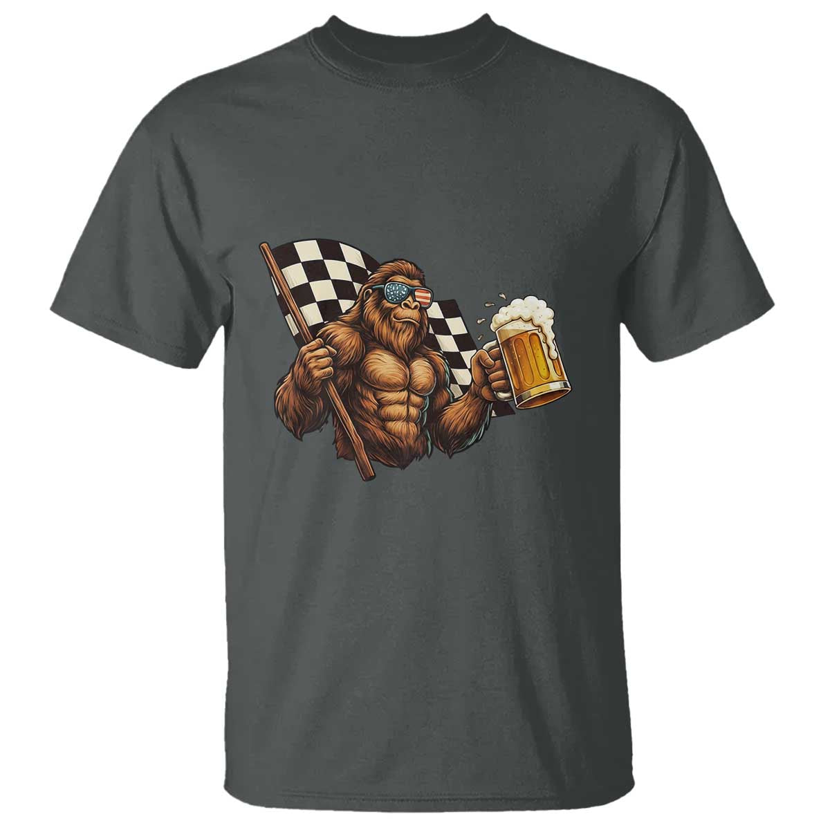 Funny Bigfoot T Shirt Sasquatch Drinking Beer Racing Car - Wonder Print Shop