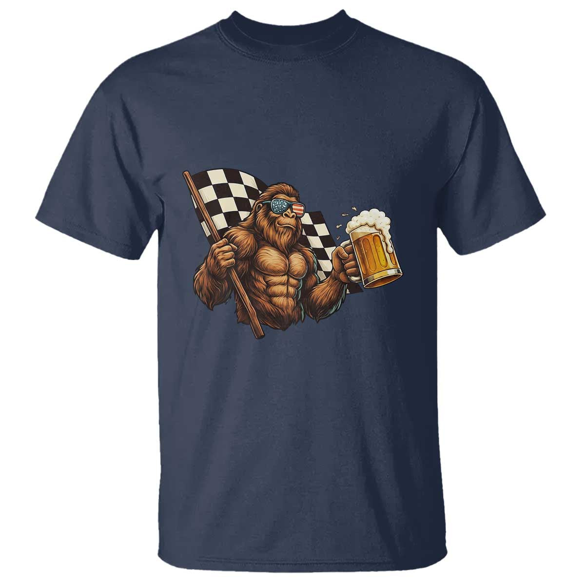 Funny Bigfoot T Shirt Sasquatch Drinking Beer Racing Car - Wonder Print Shop