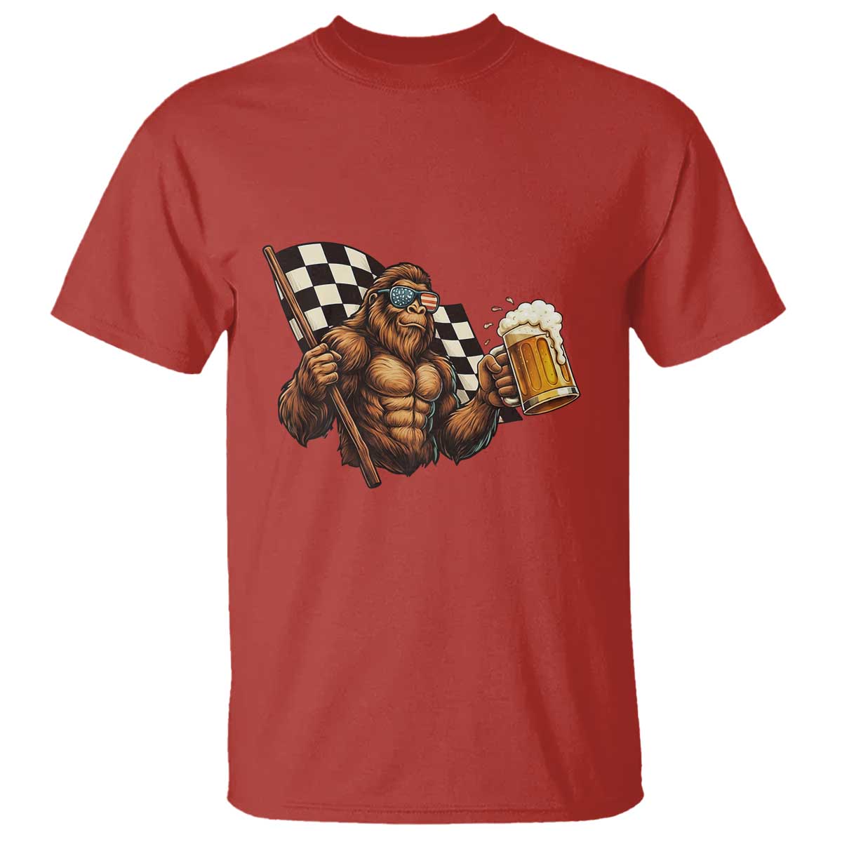 Funny Bigfoot T Shirt Sasquatch Drinking Beer Racing Car - Wonder Print Shop