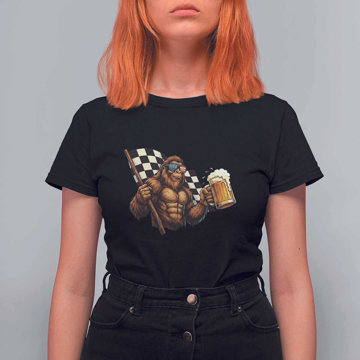 Funny Bigfoot T Shirt For Women Sasquatch Drinking Beer Racing Car - Wonder Print Shop