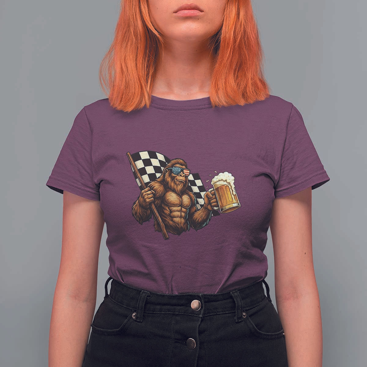 Funny Bigfoot T Shirt For Women Sasquatch Drinking Beer Racing Car - Wonder Print Shop