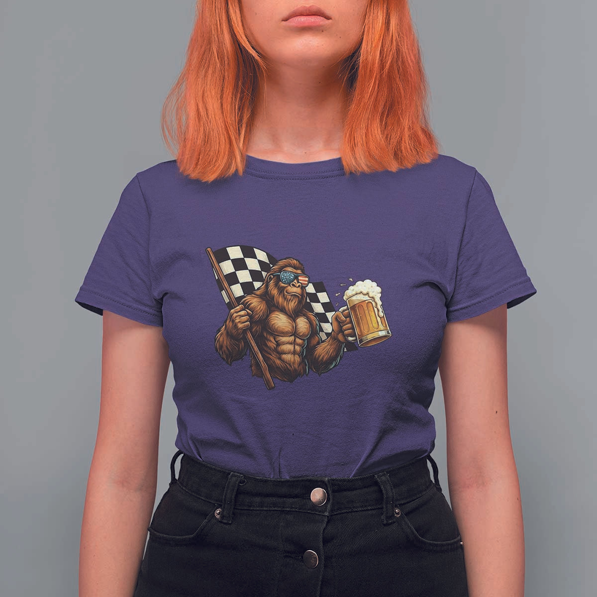 Funny Bigfoot T Shirt For Women Sasquatch Drinking Beer Racing Car - Wonder Print Shop