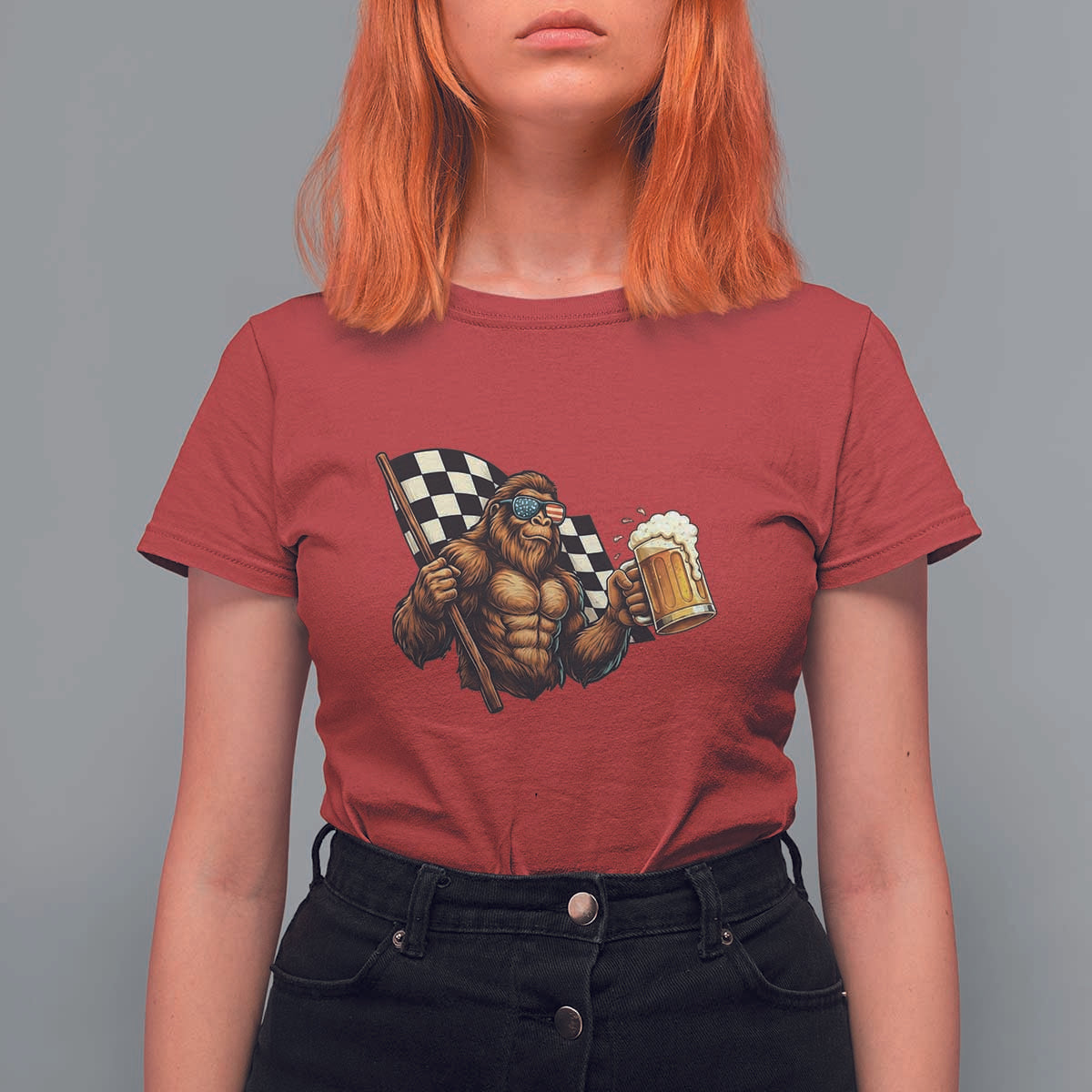 Funny Bigfoot T Shirt For Women Sasquatch Drinking Beer Racing Car - Wonder Print Shop