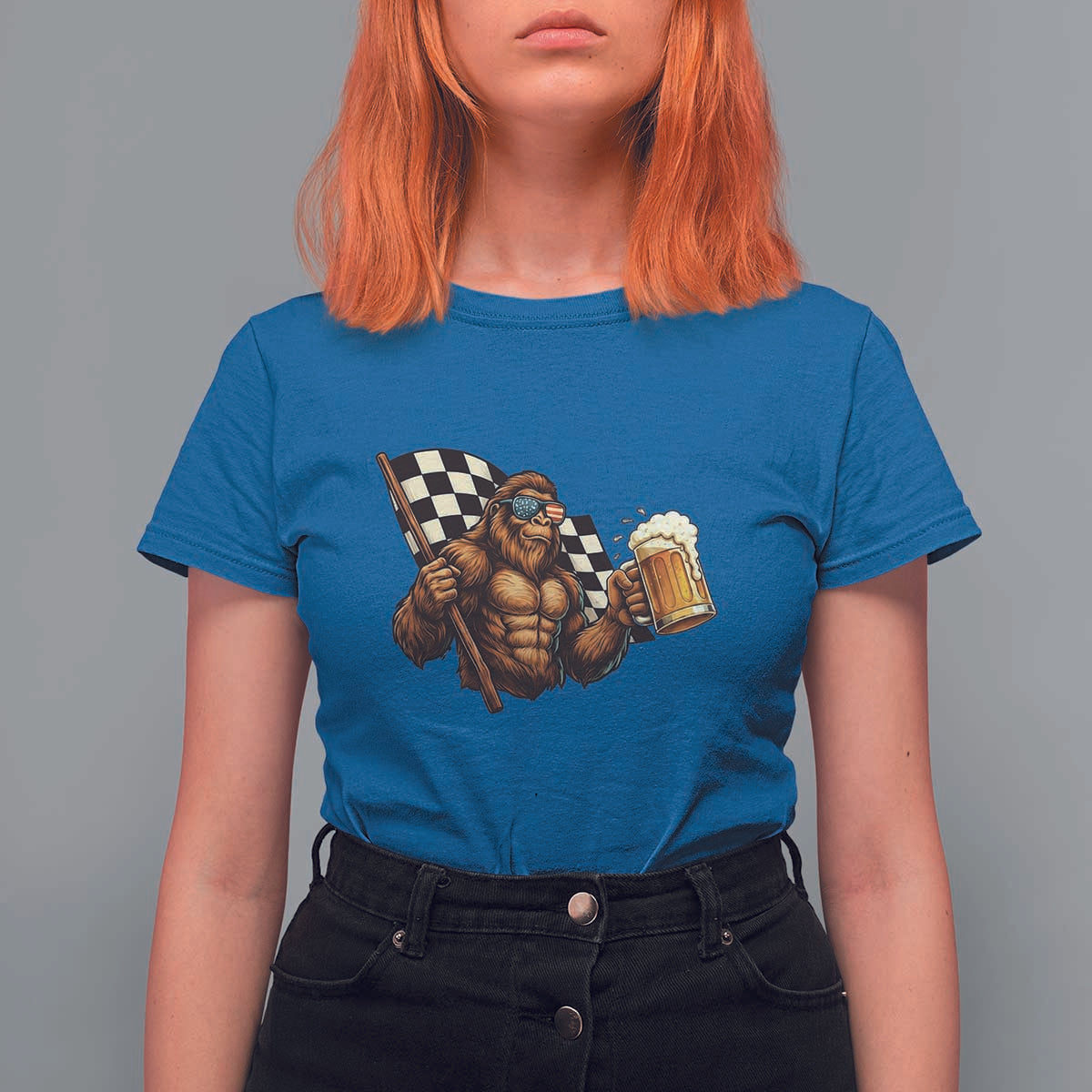 Funny Bigfoot T Shirt For Women Sasquatch Drinking Beer Racing Car - Wonder Print Shop
