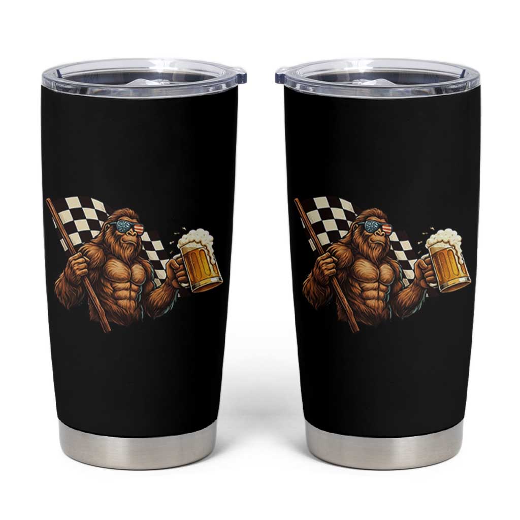 Funny Bigfoot Tumbler Cup Sasquatch Drinking Beer Racing Car