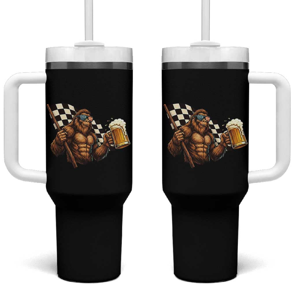 Funny Bigfoot Tumbler With Handle Sasquatch Drinking Beer Racing Car