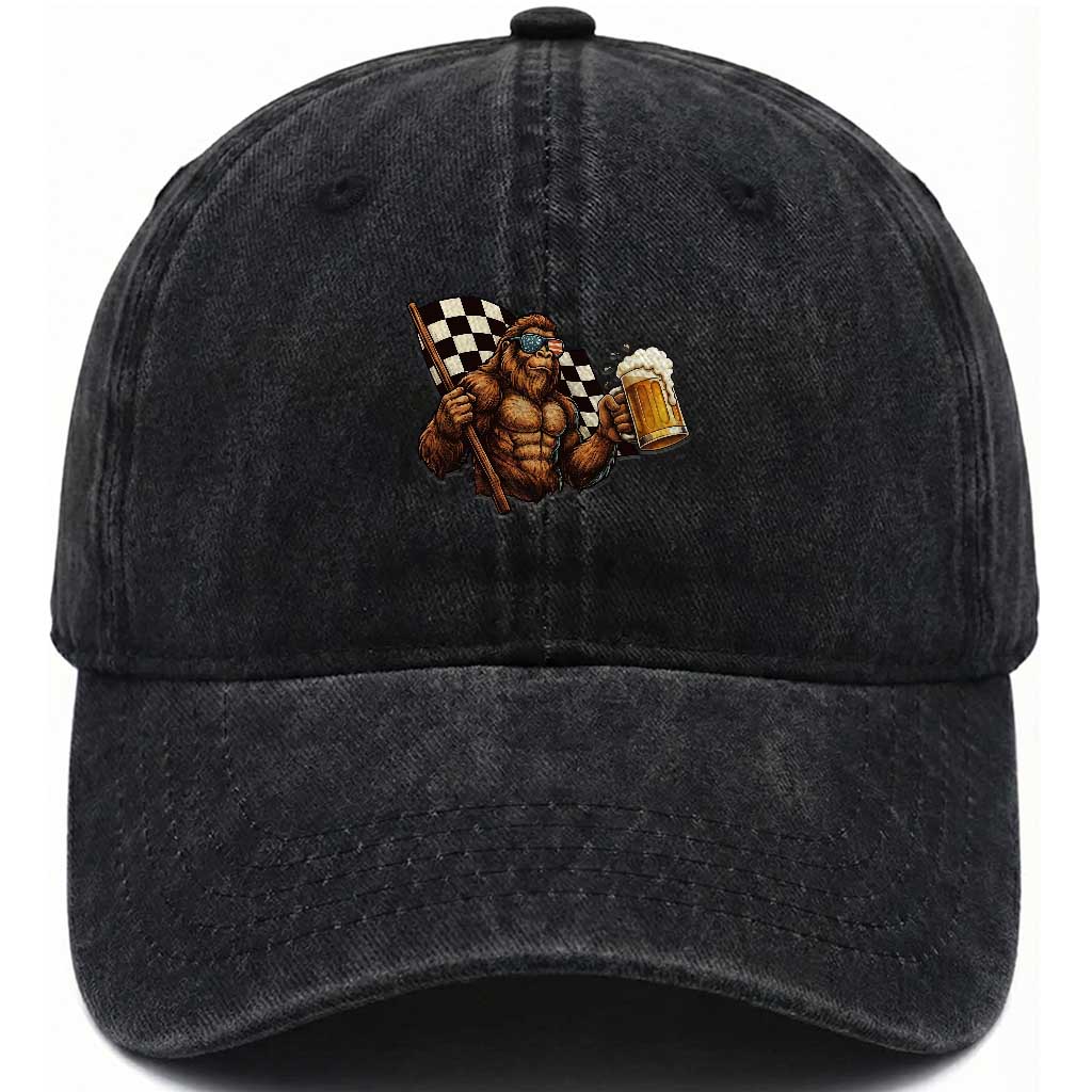 Funny Bigfoot Washed Cotton Baseball Cap Sasquatch Drinking Beer Racing Car