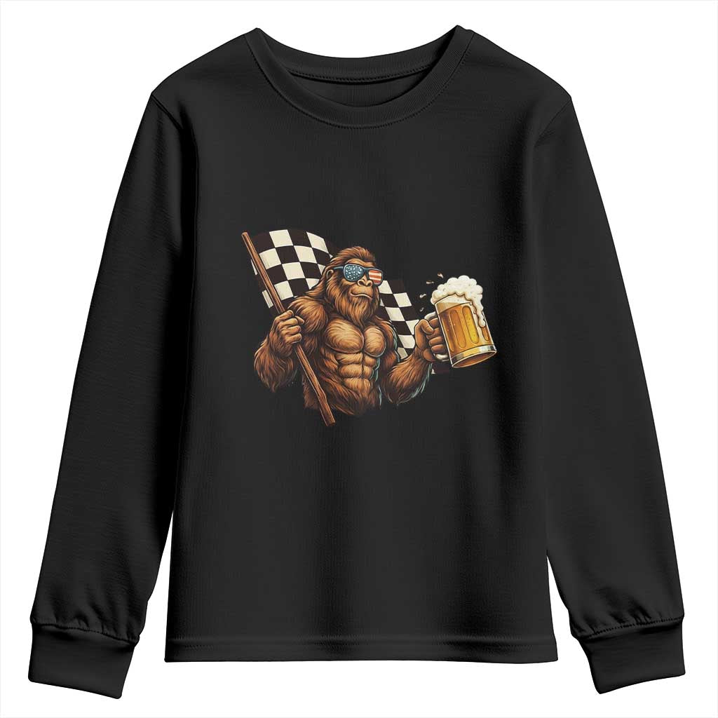 Funny Bigfoot Youth Sweatshirt Sasquatch Drinking Beer Racing Car - Wonder Print Shop