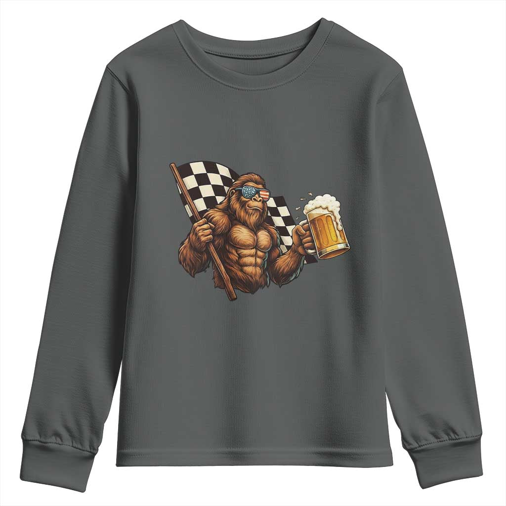 Funny Bigfoot Youth Sweatshirt Sasquatch Drinking Beer Racing Car - Wonder Print Shop