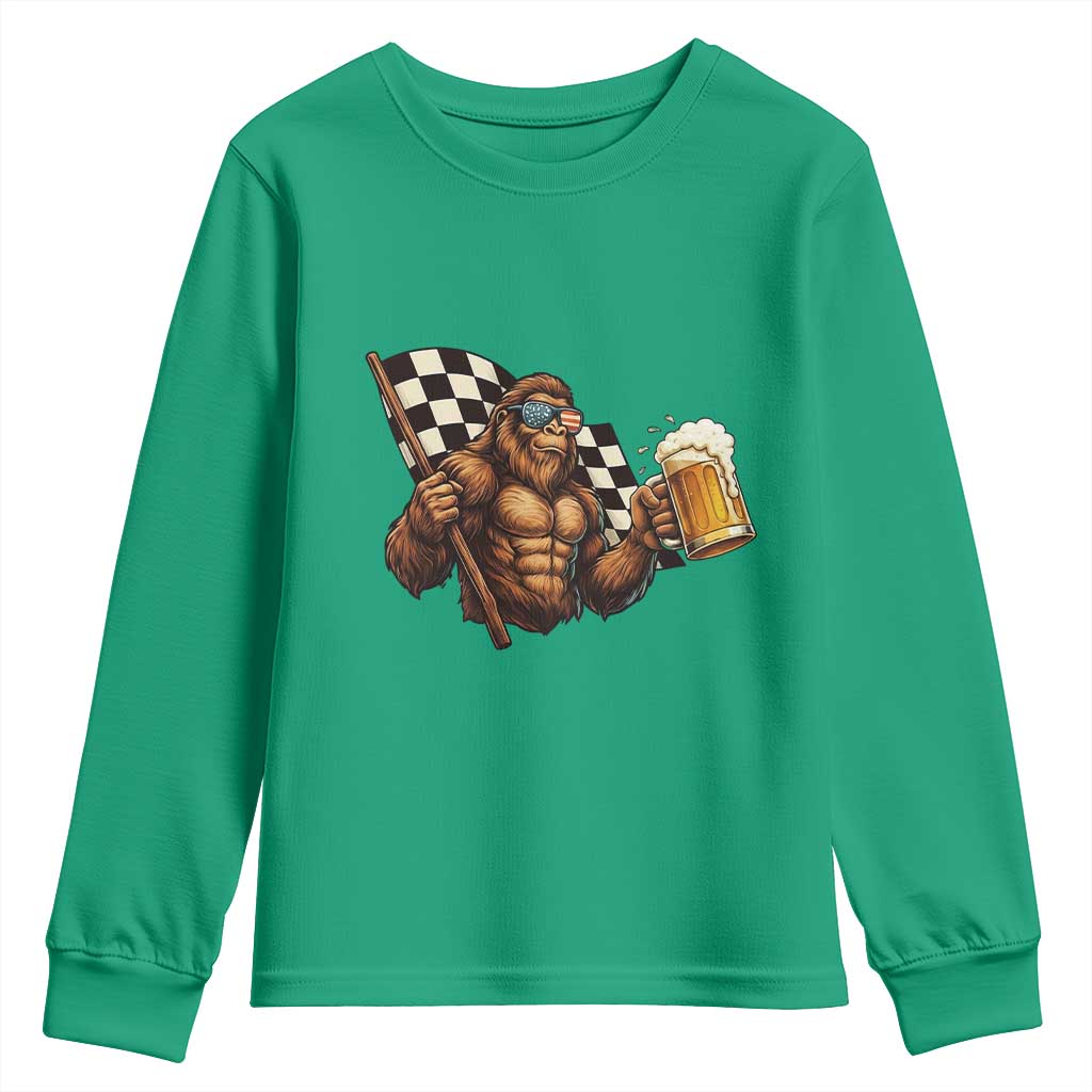 Funny Bigfoot Youth Sweatshirt Sasquatch Drinking Beer Racing Car - Wonder Print Shop