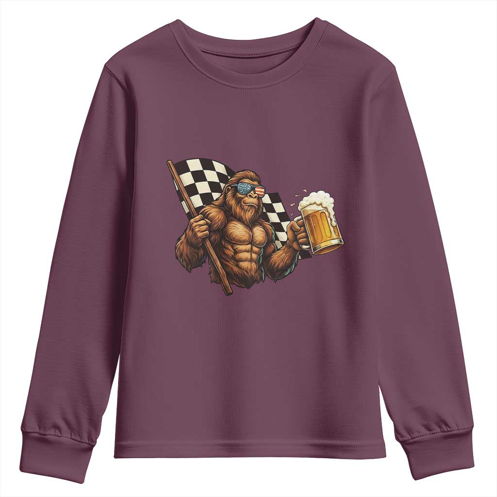 Funny Bigfoot Youth Sweatshirt Sasquatch Drinking Beer Racing Car - Wonder Print Shop