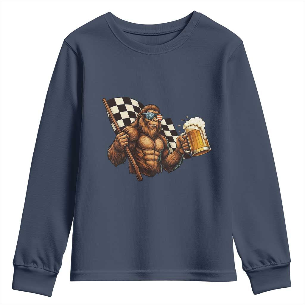 Funny Bigfoot Youth Sweatshirt Sasquatch Drinking Beer Racing Car - Wonder Print Shop