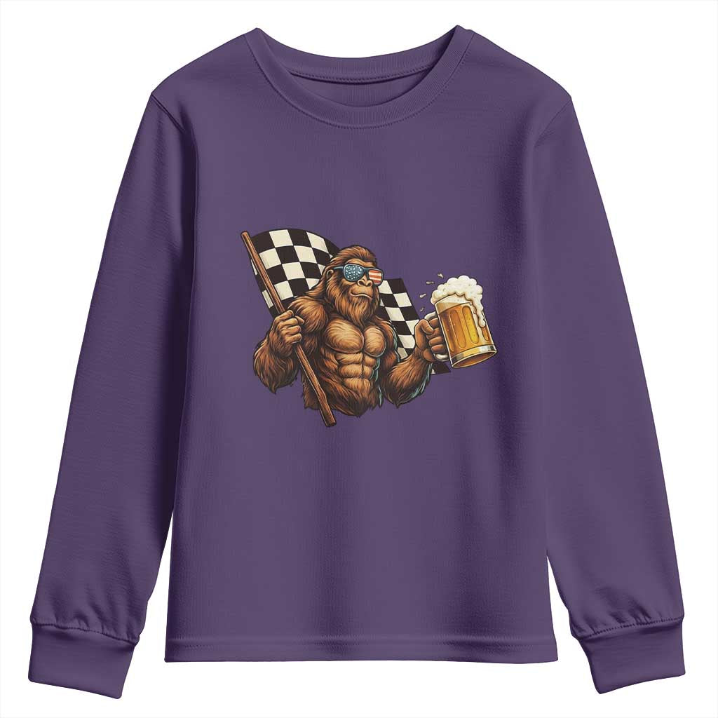 Funny Bigfoot Youth Sweatshirt Sasquatch Drinking Beer Racing Car - Wonder Print Shop