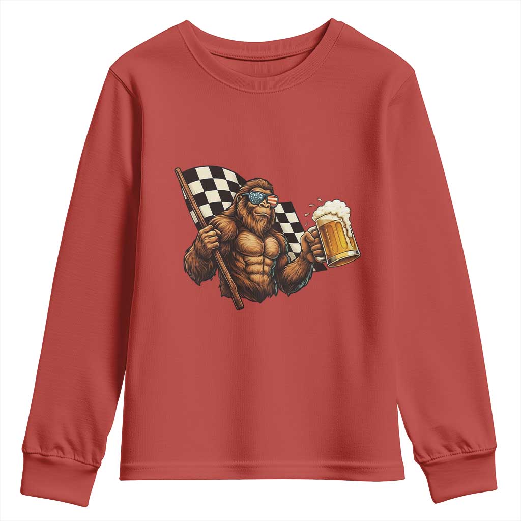 Funny Bigfoot Youth Sweatshirt Sasquatch Drinking Beer Racing Car - Wonder Print Shop