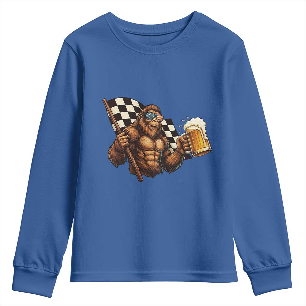 Funny Bigfoot Youth Sweatshirt Sasquatch Drinking Beer Racing Car - Wonder Print Shop
