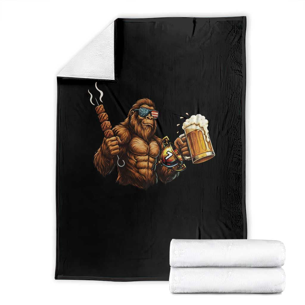 Funny Bigfoot BBQ Party Throw Blanket Sasquatch Drinking Beer Celebrate Championship - Wonder Print Shop