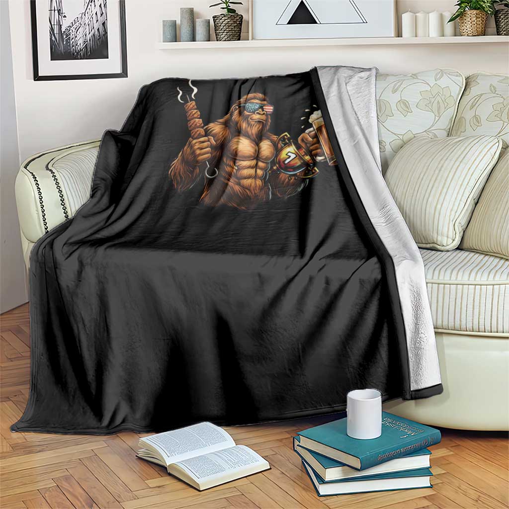 Funny Bigfoot BBQ Party Throw Blanket Sasquatch Drinking Beer Celebrate Championship - Wonder Print Shop