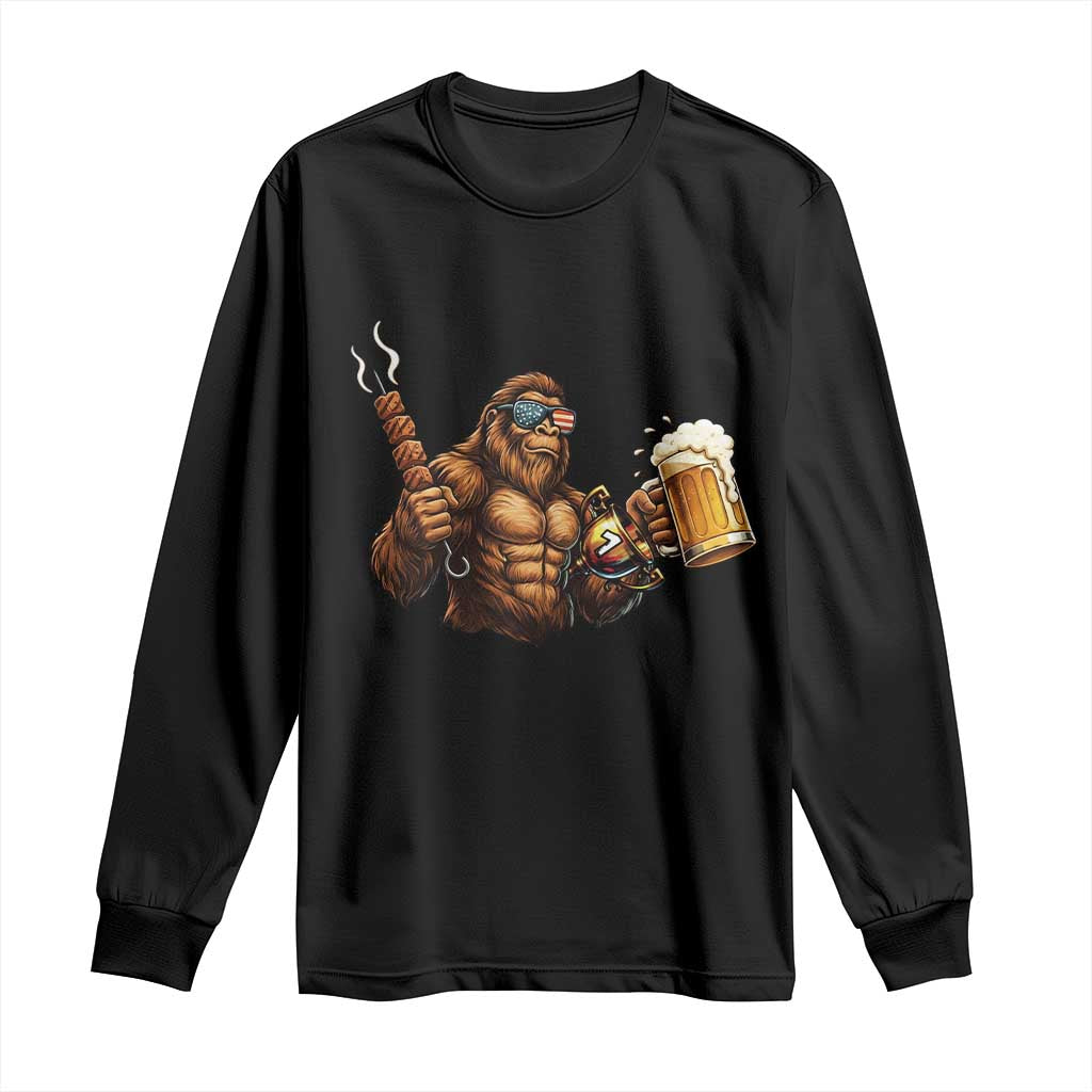 Funny Bigfoot BBQ Party Long Sleeve Shirt Sasquatch Drinking Beer Celebrate Championship - Wonder Print Shop