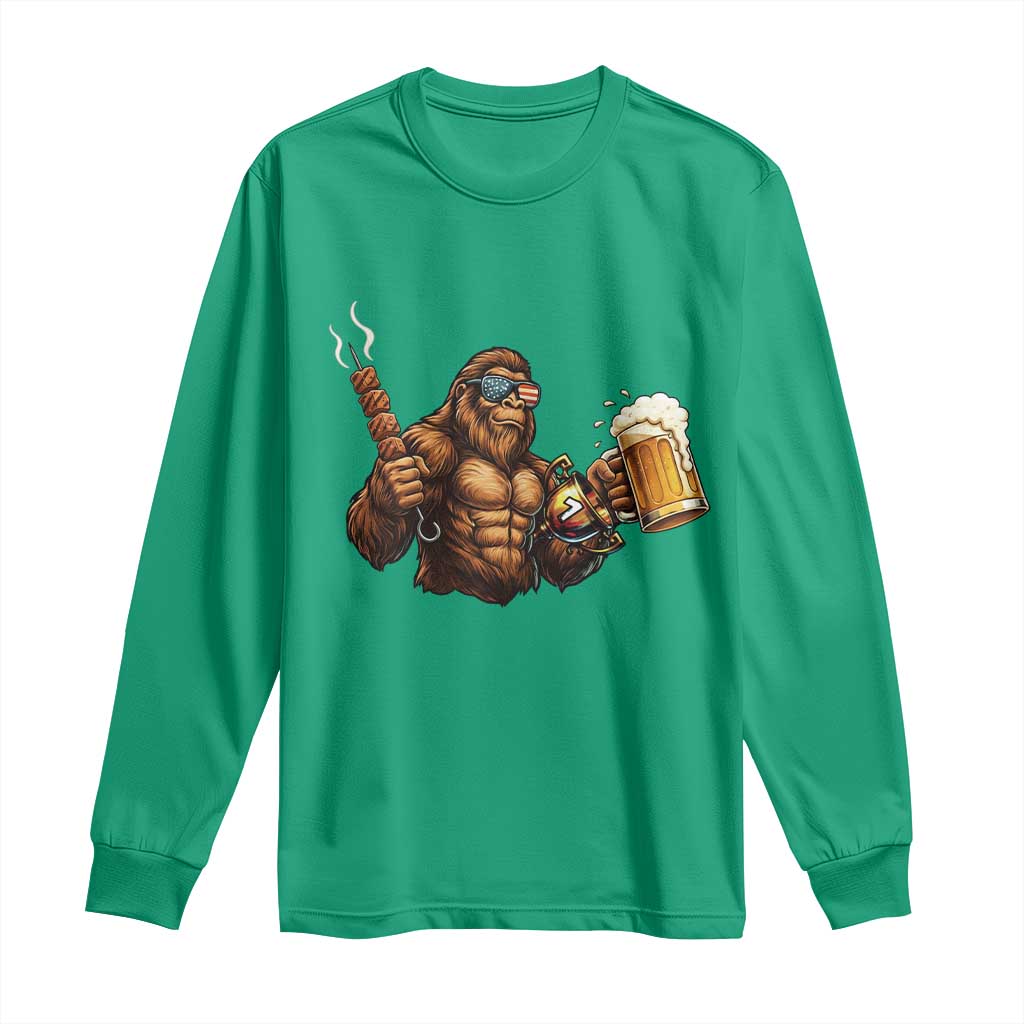 Funny Bigfoot BBQ Party Long Sleeve Shirt Sasquatch Drinking Beer Celebrate Championship - Wonder Print Shop