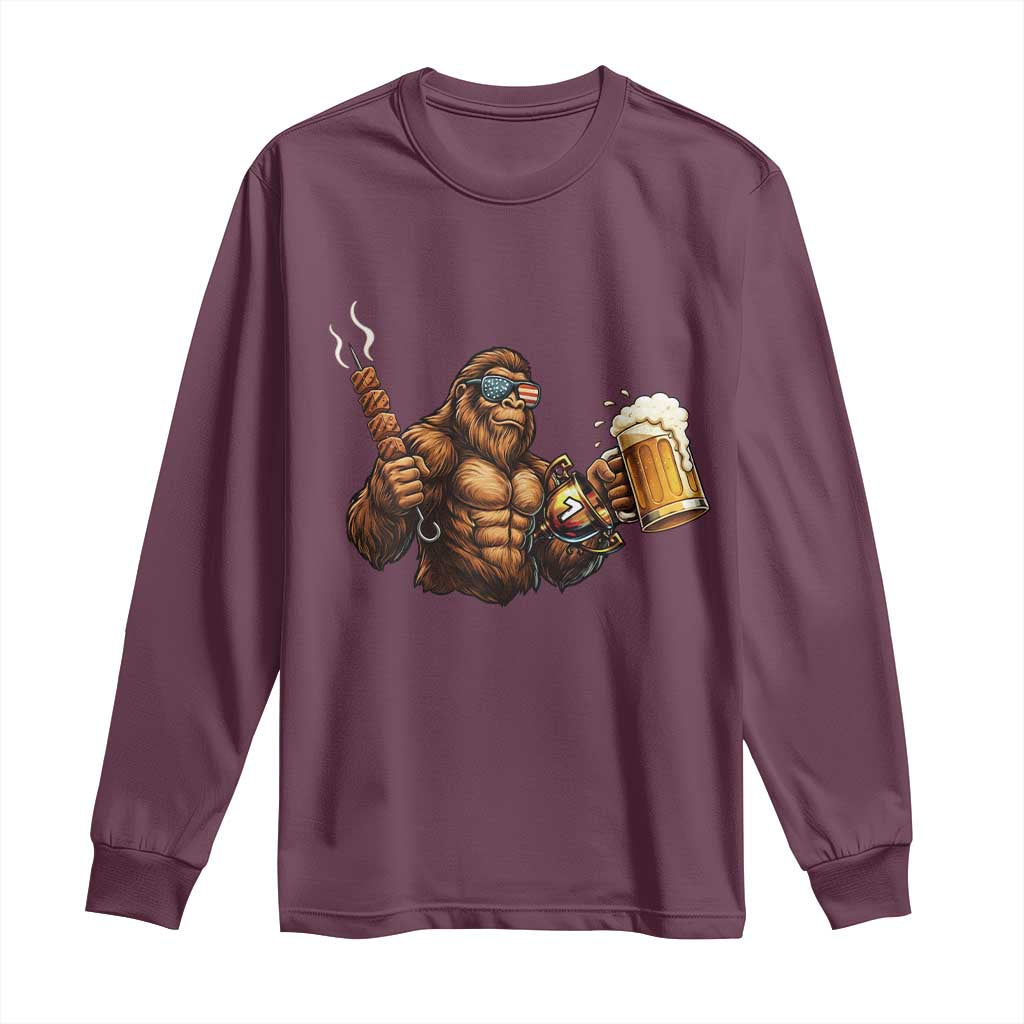 Funny Bigfoot BBQ Party Long Sleeve Shirt Sasquatch Drinking Beer Celebrate Championship - Wonder Print Shop