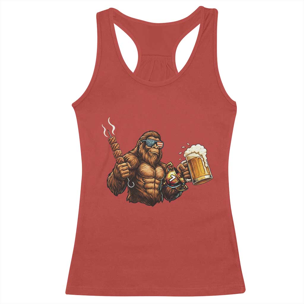 Funny Bigfoot BBQ Party Racerback Tank Top Sasquatch Drinking Beer Celebrate Championship - Wonder Print Shop