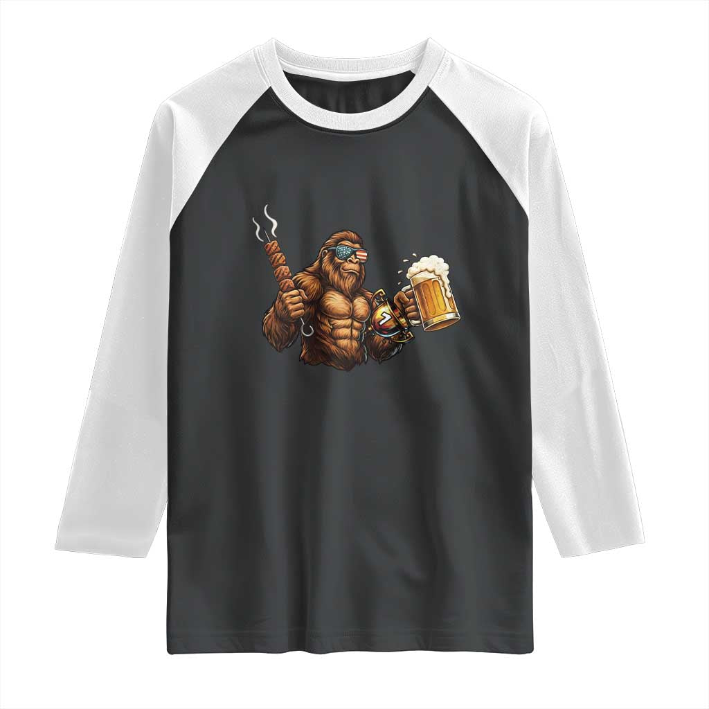 Funny Bigfoot BBQ Party Raglan Shirt Sasquatch Drinking Beer Celebrate Championship - Wonder Print Shop