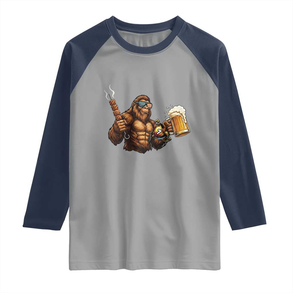 Funny Bigfoot BBQ Party Raglan Shirt Sasquatch Drinking Beer Celebrate Championship - Wonder Print Shop