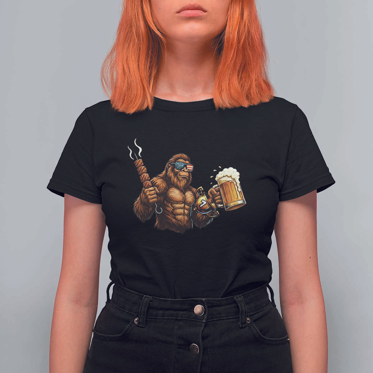 Funny Bigfoot BBQ Party T Shirt For Women Sasquatch Drinking Beer Celebrate Championship - Wonder Print Shop