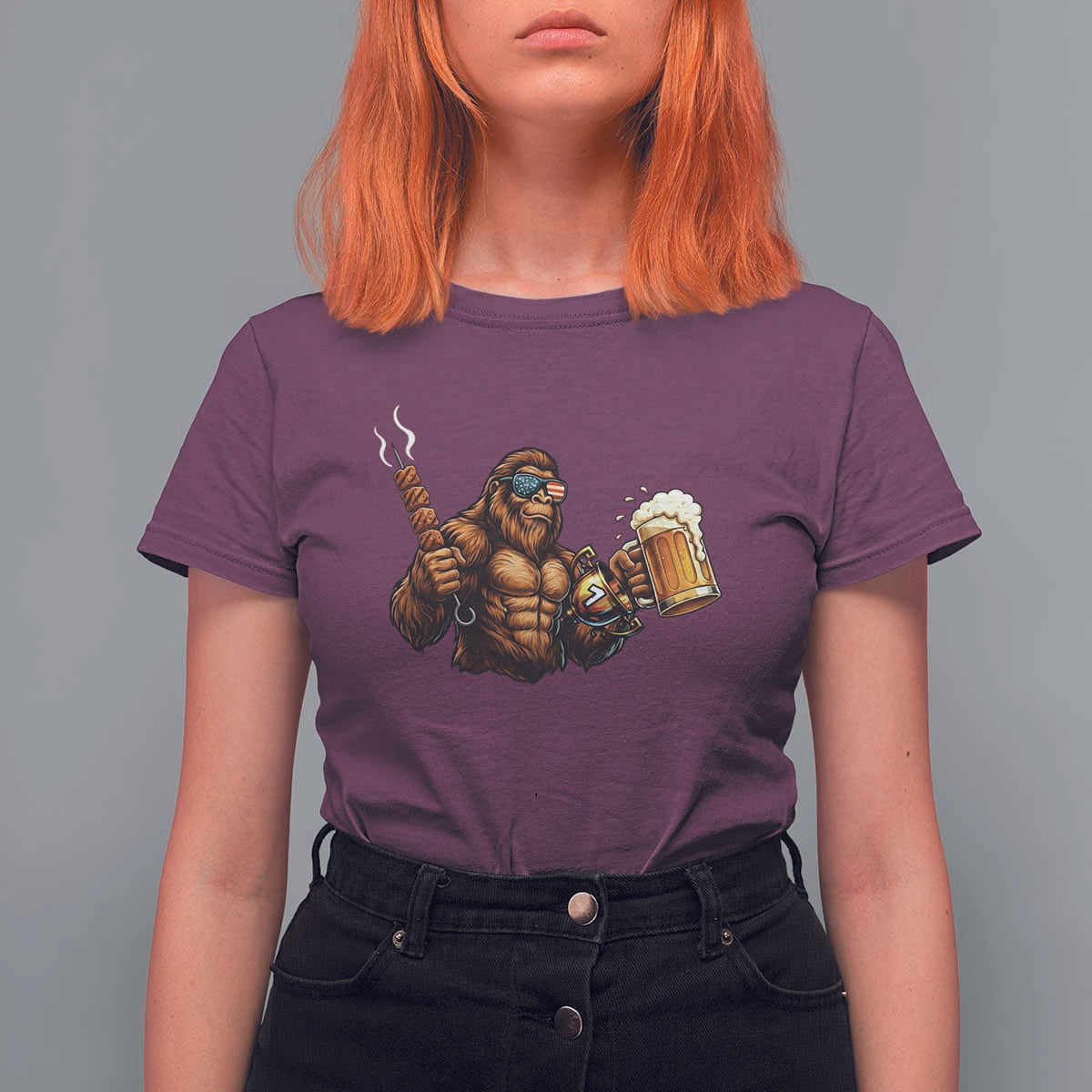 Funny Bigfoot BBQ Party T Shirt For Women Sasquatch Drinking Beer Celebrate Championship - Wonder Print Shop