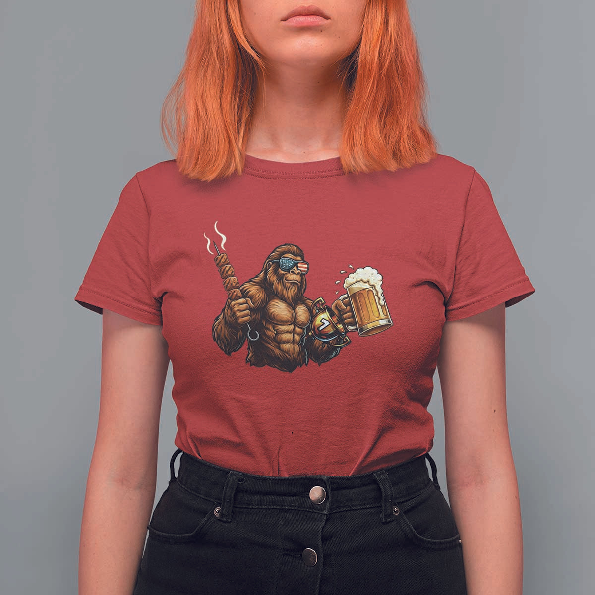 Funny Bigfoot BBQ Party T Shirt For Women Sasquatch Drinking Beer Celebrate Championship - Wonder Print Shop