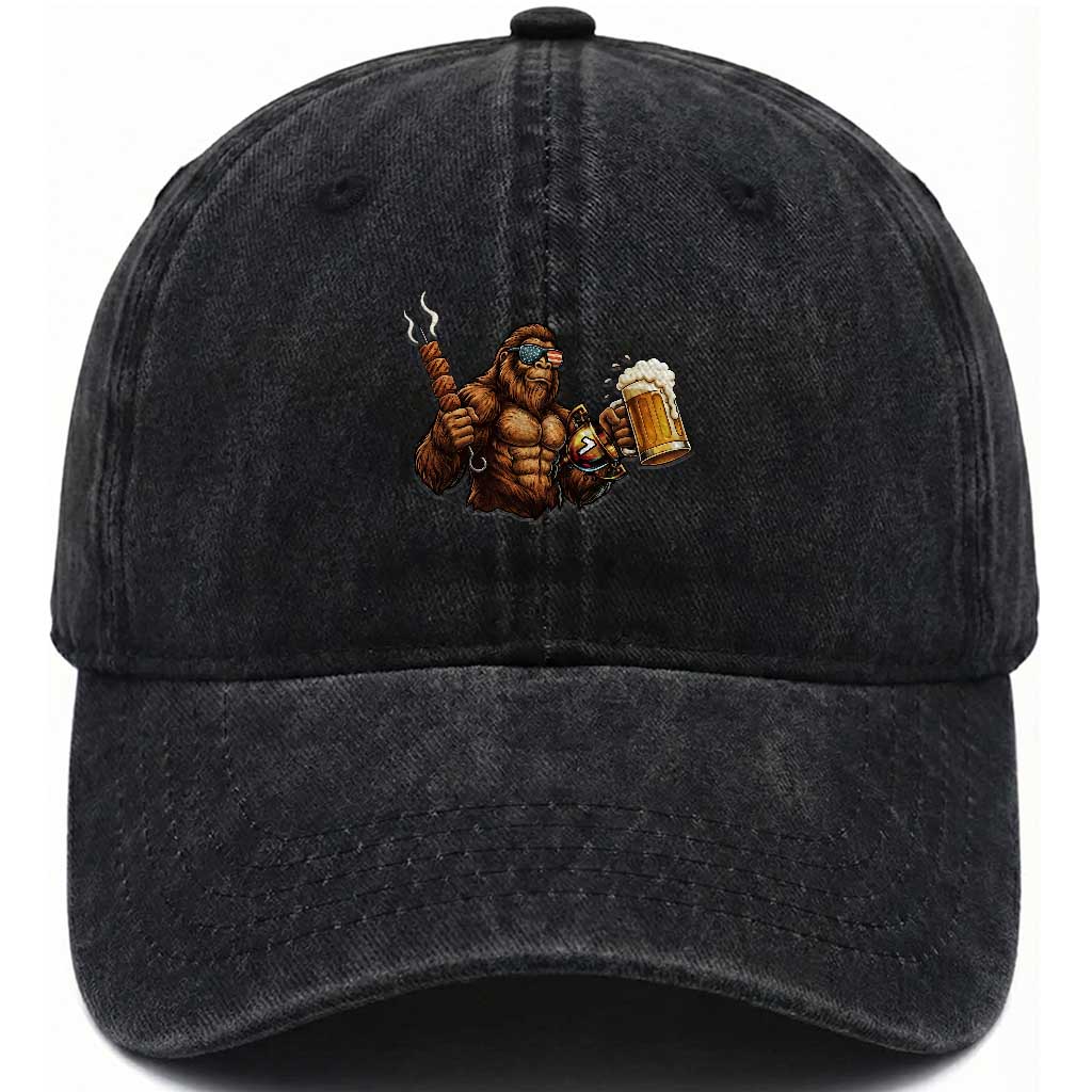 Funny Bigfoot BBQ Party Washed Cotton Baseball Cap Sasquatch Drinking Beer Celebrate Championship