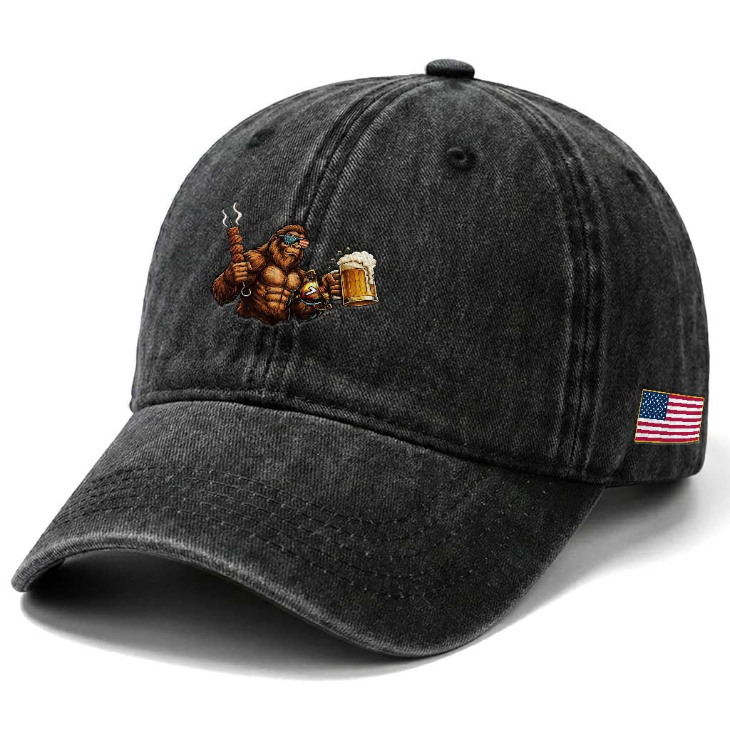 Funny Bigfoot BBQ Party Washed Cotton Baseball Cap Sasquatch Drinking Beer Celebrate Championship
