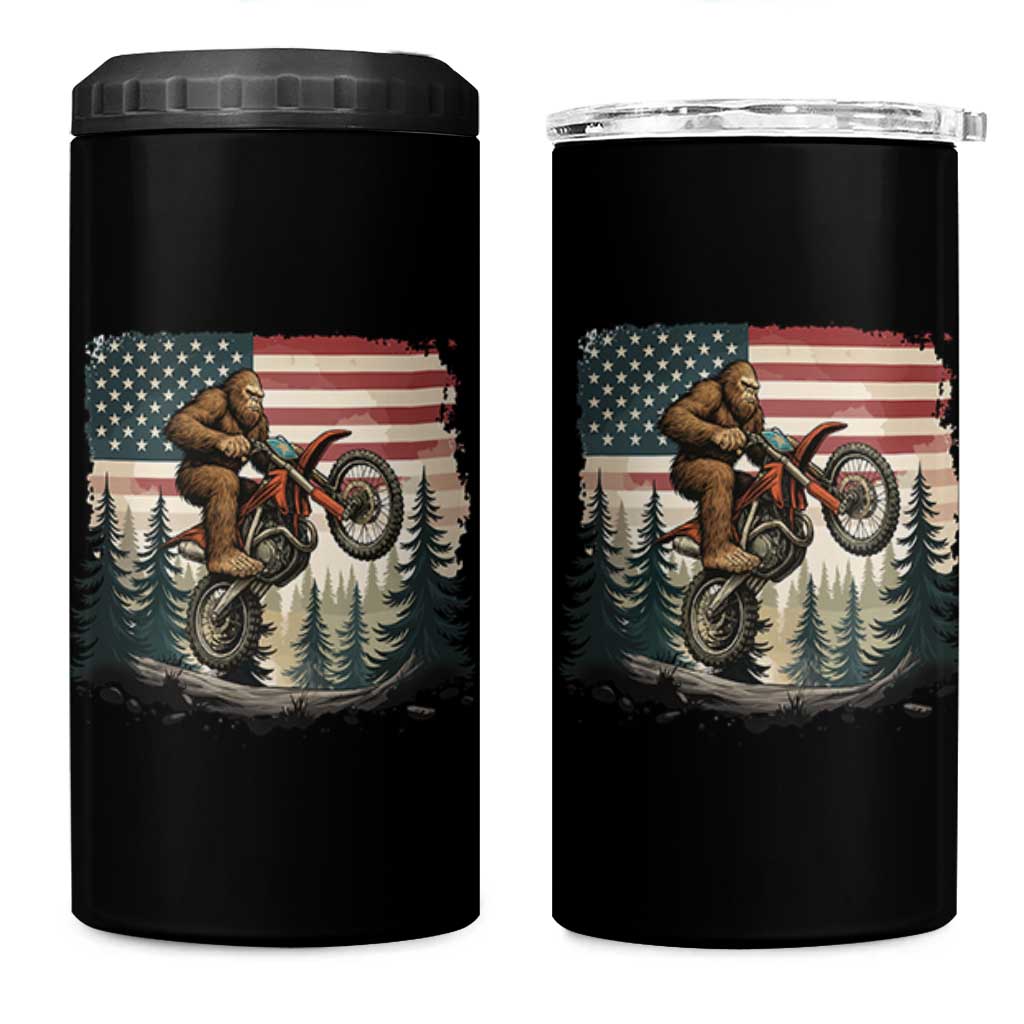 Bigfoot Dirt Bike 4 in 1 Can Cooler Tumbler Patriotic Sasquatch American Flag