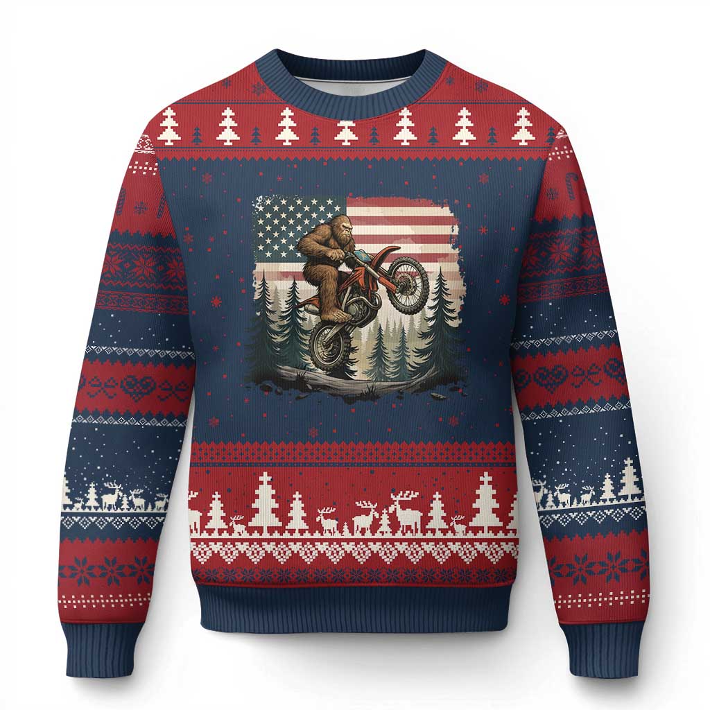Bigfoot Dirt Bike Ugly Christmas Sweater Patriotic Sasquatch American Flag - Wonder Print Shop