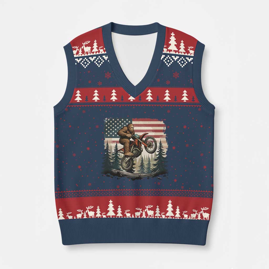 Bigfoot Dirt Bike V-Neck Knit Sweater Vest Patriotic Sasquatch American Flag - Wonder Print Shop