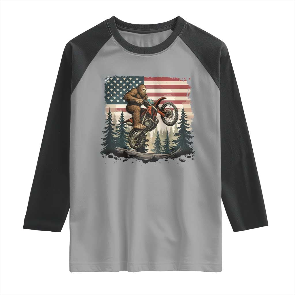 Bigfoot Dirt Bike Raglan Shirt Patriotic Sasquatch American Flag - Wonder Print Shop