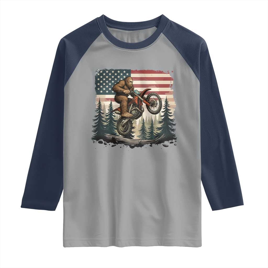Bigfoot Dirt Bike Raglan Shirt Patriotic Sasquatch American Flag - Wonder Print Shop