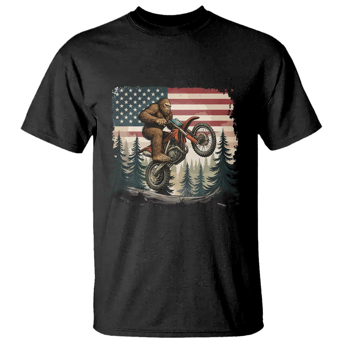 Bigfoot Dirt Bike T Shirt Patriotic Sasquatch American Flag - Wonder Print Shop