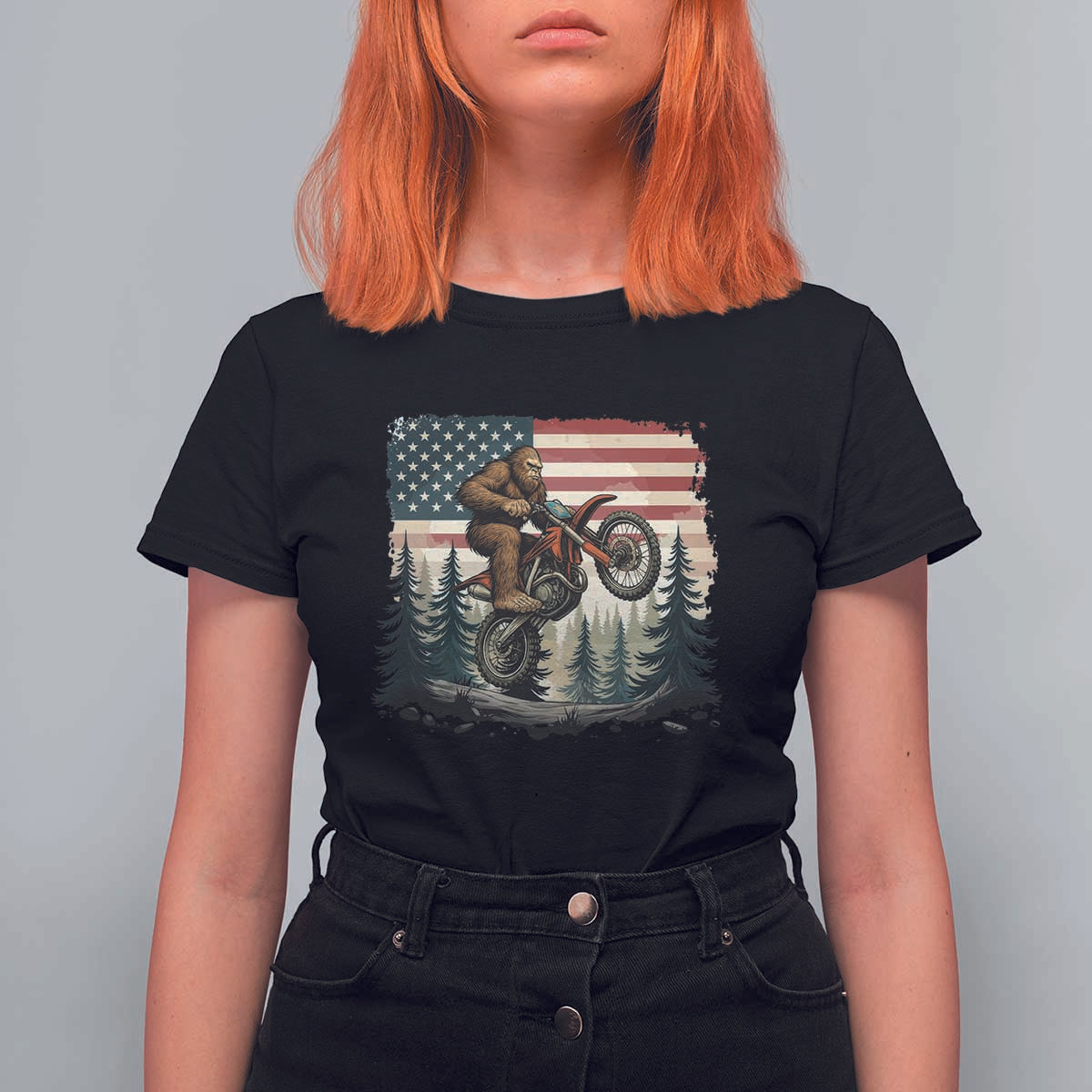 Bigfoot Dirt Bike T Shirt For Women Patriotic Sasquatch American Flag - Wonder Print Shop