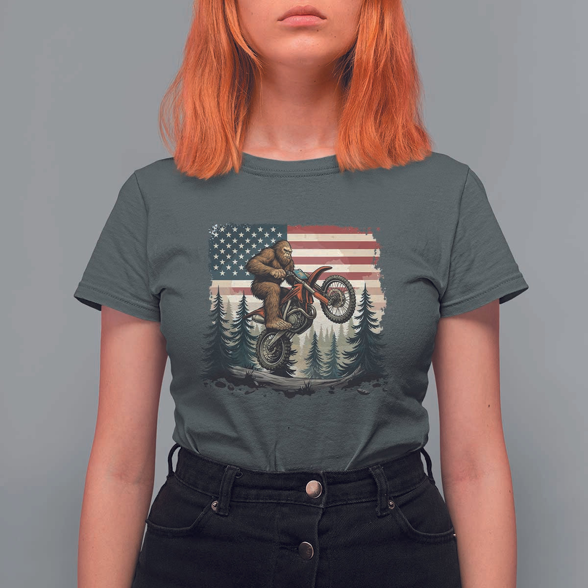 Bigfoot Dirt Bike T Shirt For Women Patriotic Sasquatch American Flag - Wonder Print Shop