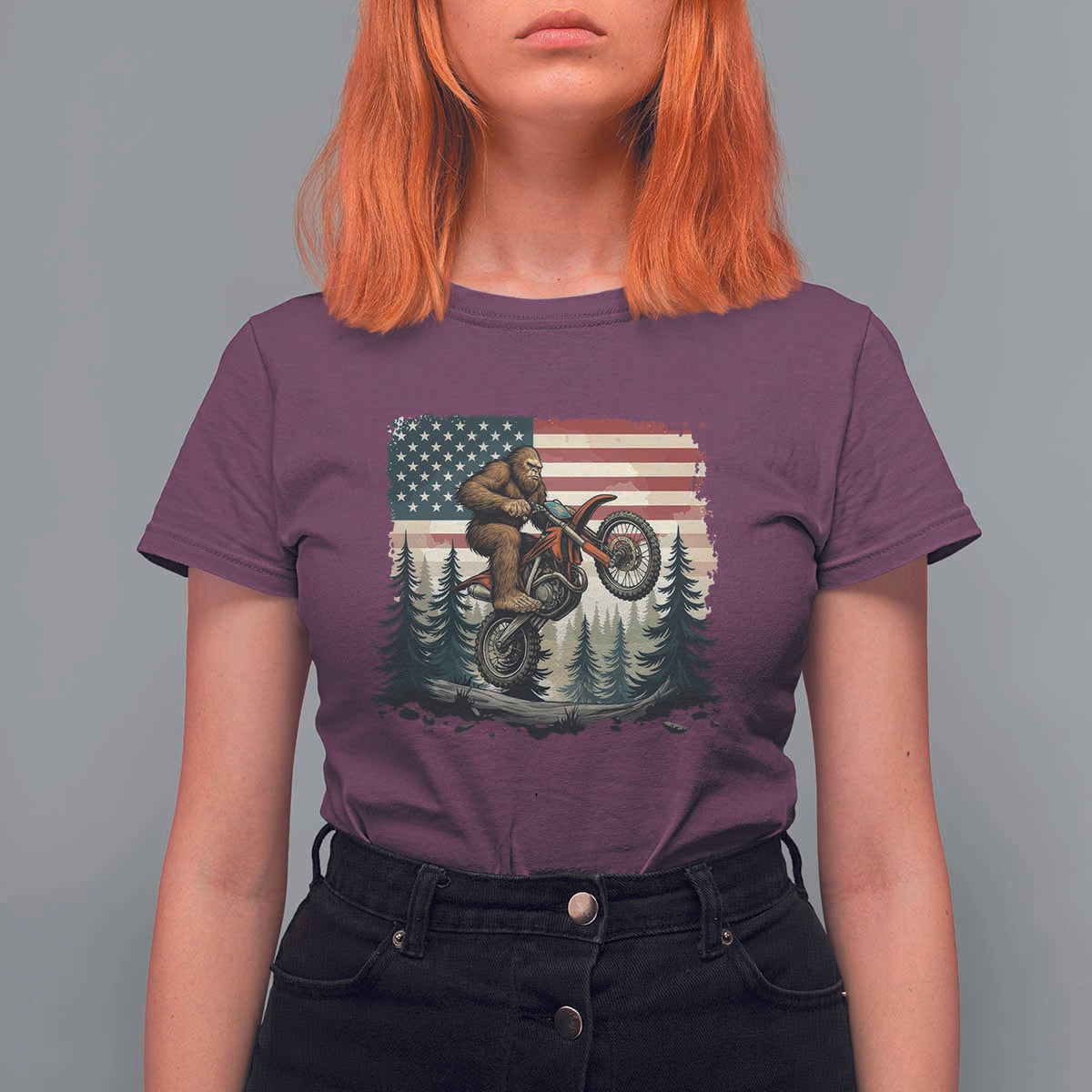 Bigfoot Dirt Bike T Shirt For Women Patriotic Sasquatch American Flag - Wonder Print Shop