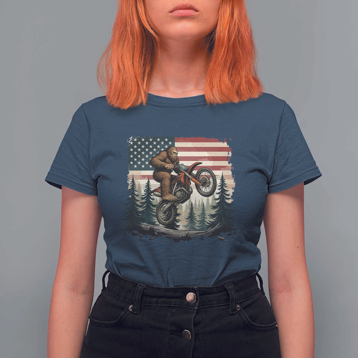 Bigfoot Dirt Bike T Shirt For Women Patriotic Sasquatch American Flag - Wonder Print Shop