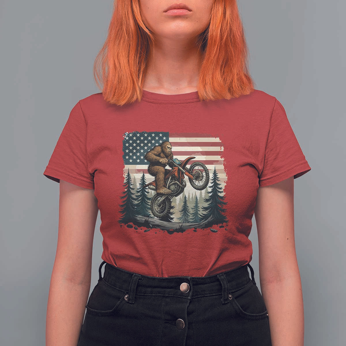 Bigfoot Dirt Bike T Shirt For Women Patriotic Sasquatch American Flag - Wonder Print Shop