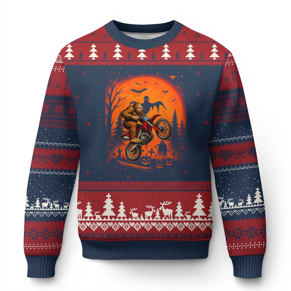 Bigfoot Dirt Bike Ugly Christmas Sweater Sasquatch Halloween Creepy Biker - Wonder Print Shop