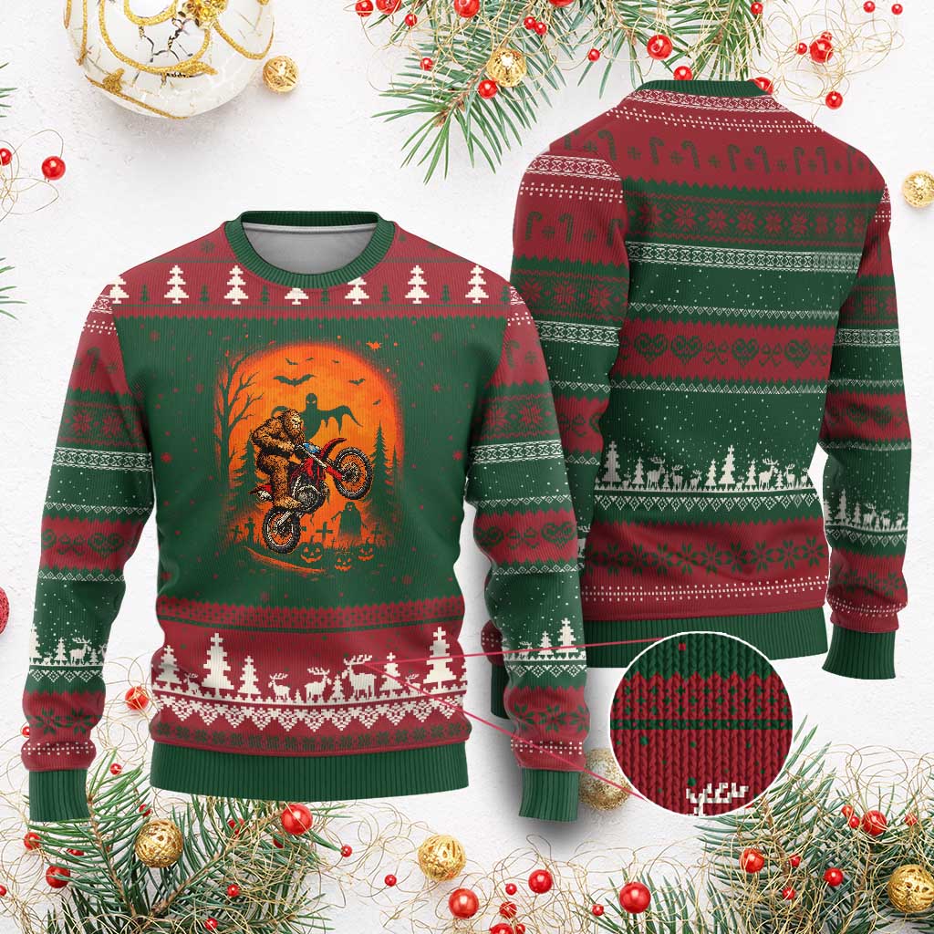 Bigfoot Dirt Bike Ugly Christmas Sweater Sasquatch Halloween Creepy Biker - Wonder Print Shop