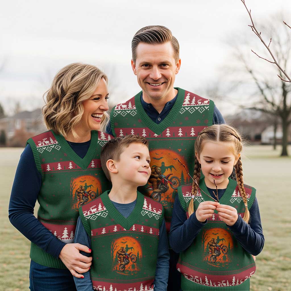 Bigfoot Dirt Bike V-Neck Knit Sweater Vest Sasquatch Halloween Creepy Biker - Wonder Print Shop